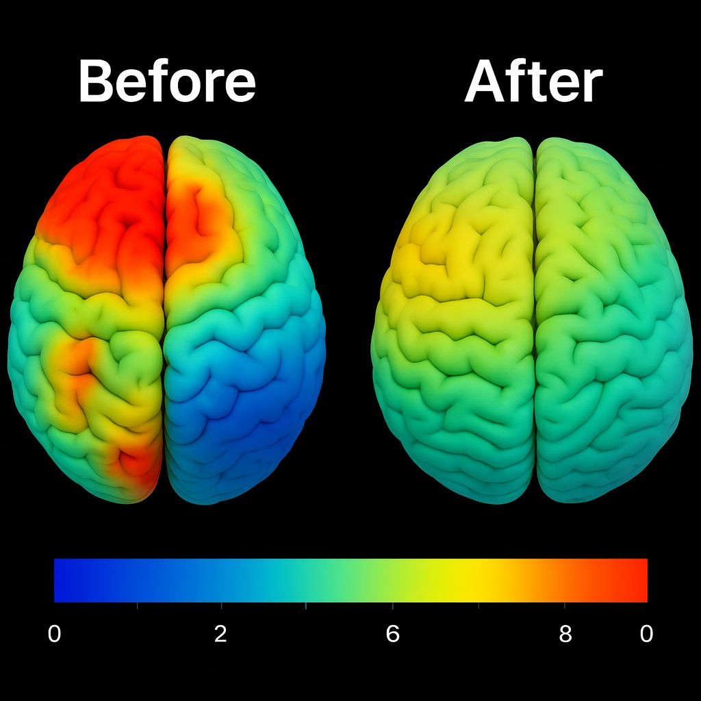 Before and after QEEG brain maps showing reduced high-intensity activity after neurofeedback training
